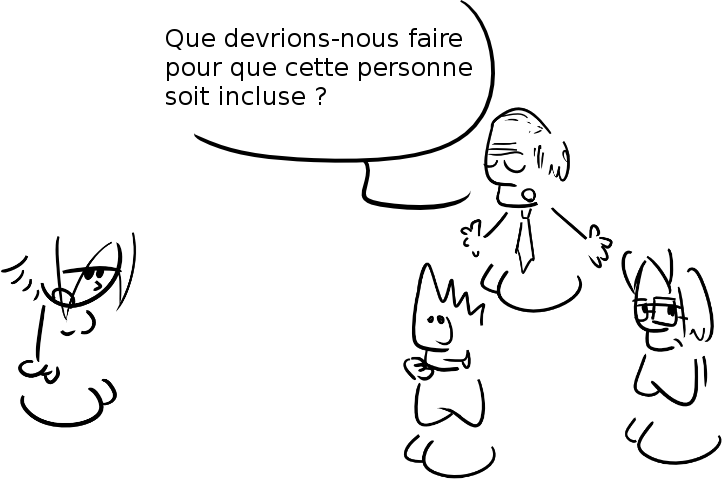 1 groupe discute devant 1 personne isolée et demande : Que devrions-nous faire pour que cette personne soit incluse ?
